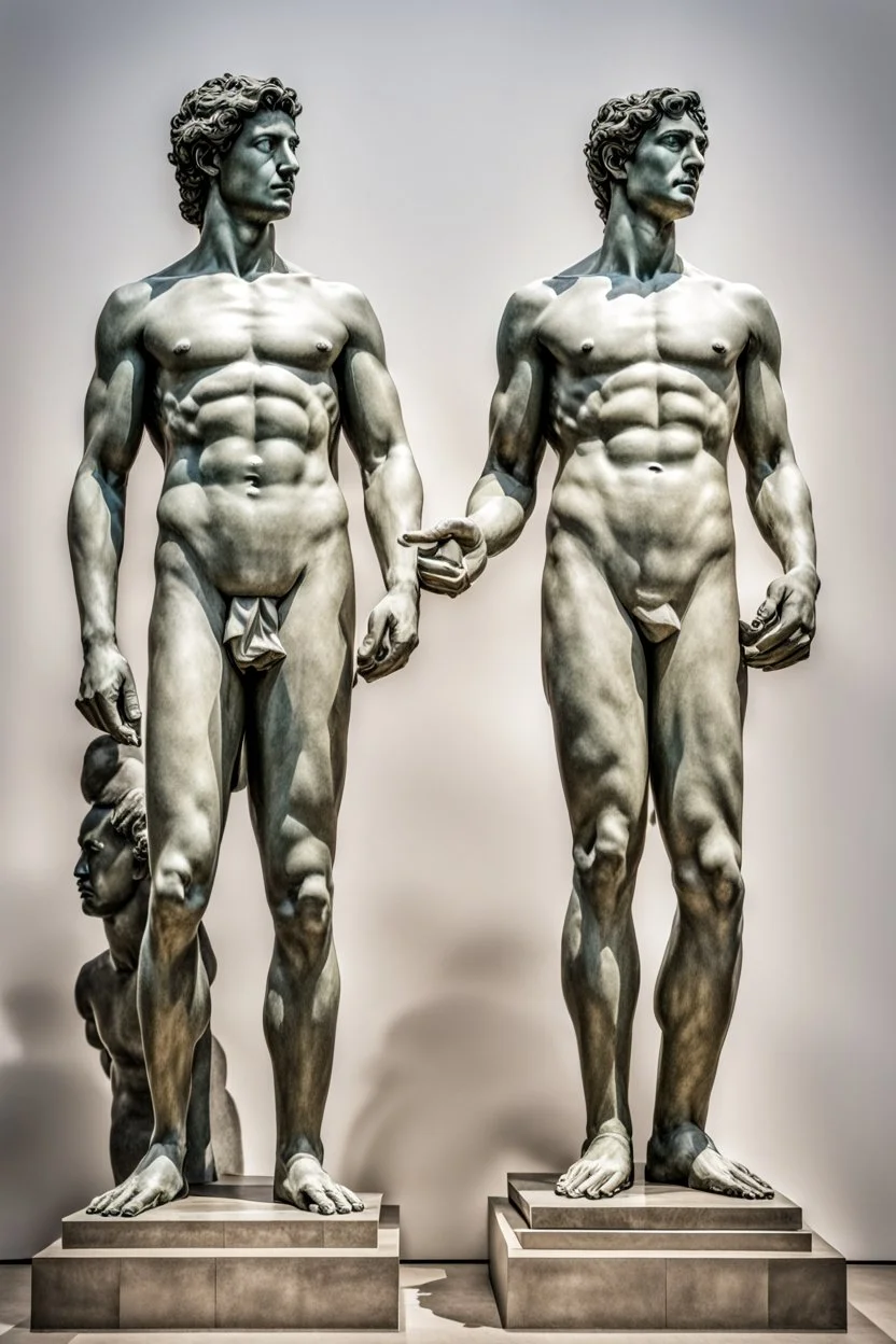 in a modern art display, two famous statues are next to each other, one is David and the other is the Discobulus statue. The discobulus hand covers the private part of David, they both look disgusted at each other