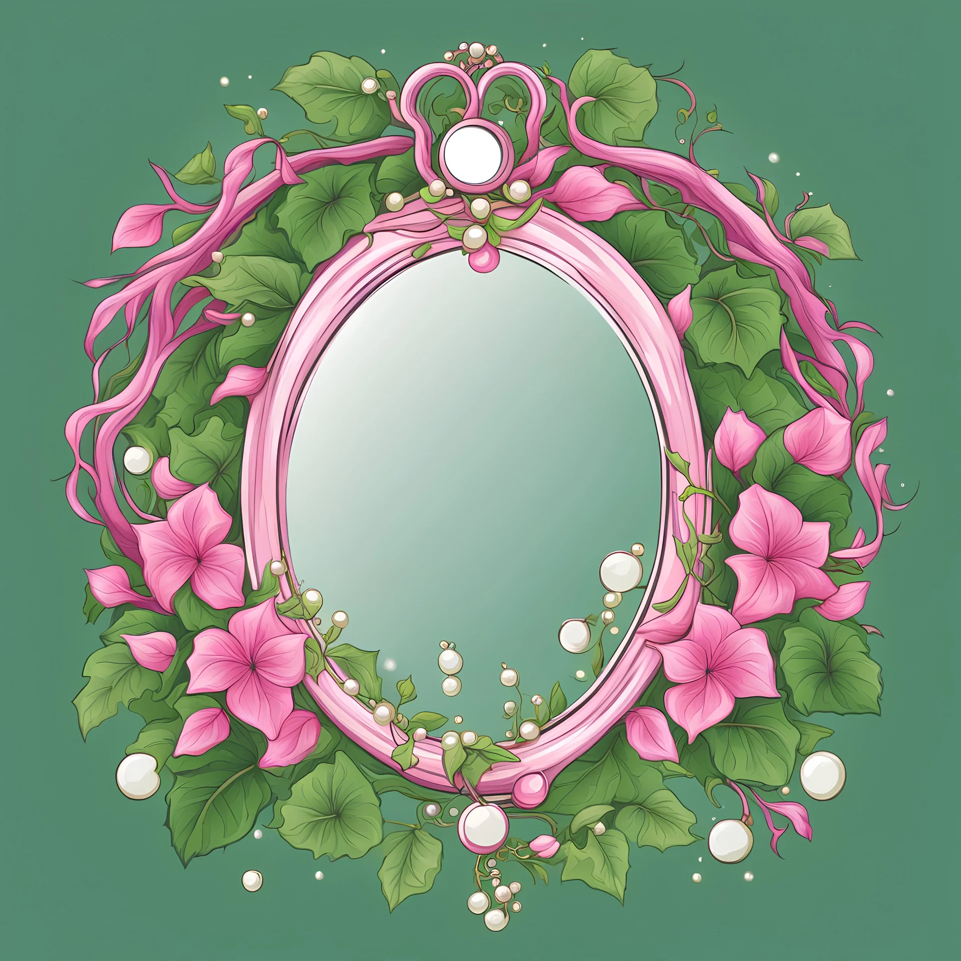 Create an Artwork of a Mirror with ivy branches and pearls necklace, Like a creative Logo for a Varasity Jacket to put a random number uin it, Vector illustration. Colors should be pink and green