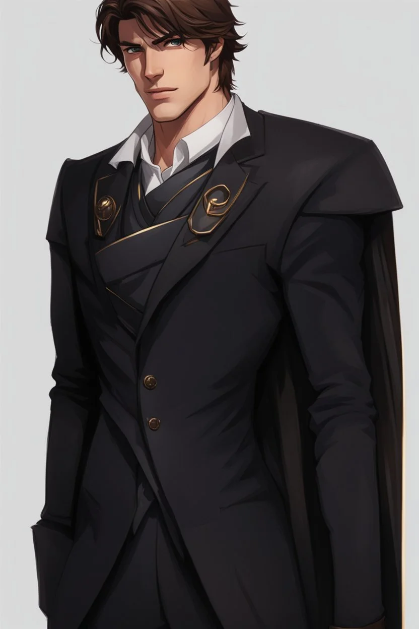 A white male, pointy ears, warlock in a suit, brown hair and brown eyes, fit and handsome. Realistic