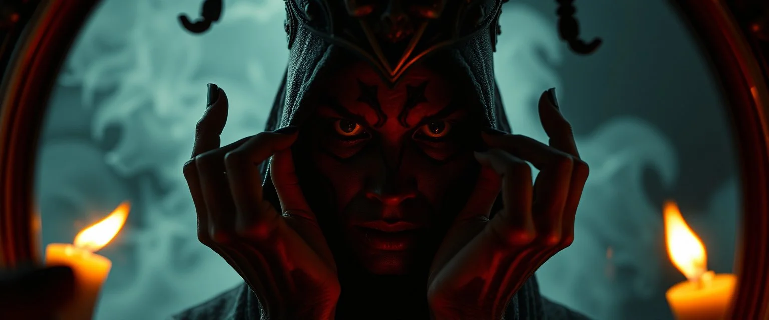 close up portrait of a voodoo transhumanism witchcraft inside mirror