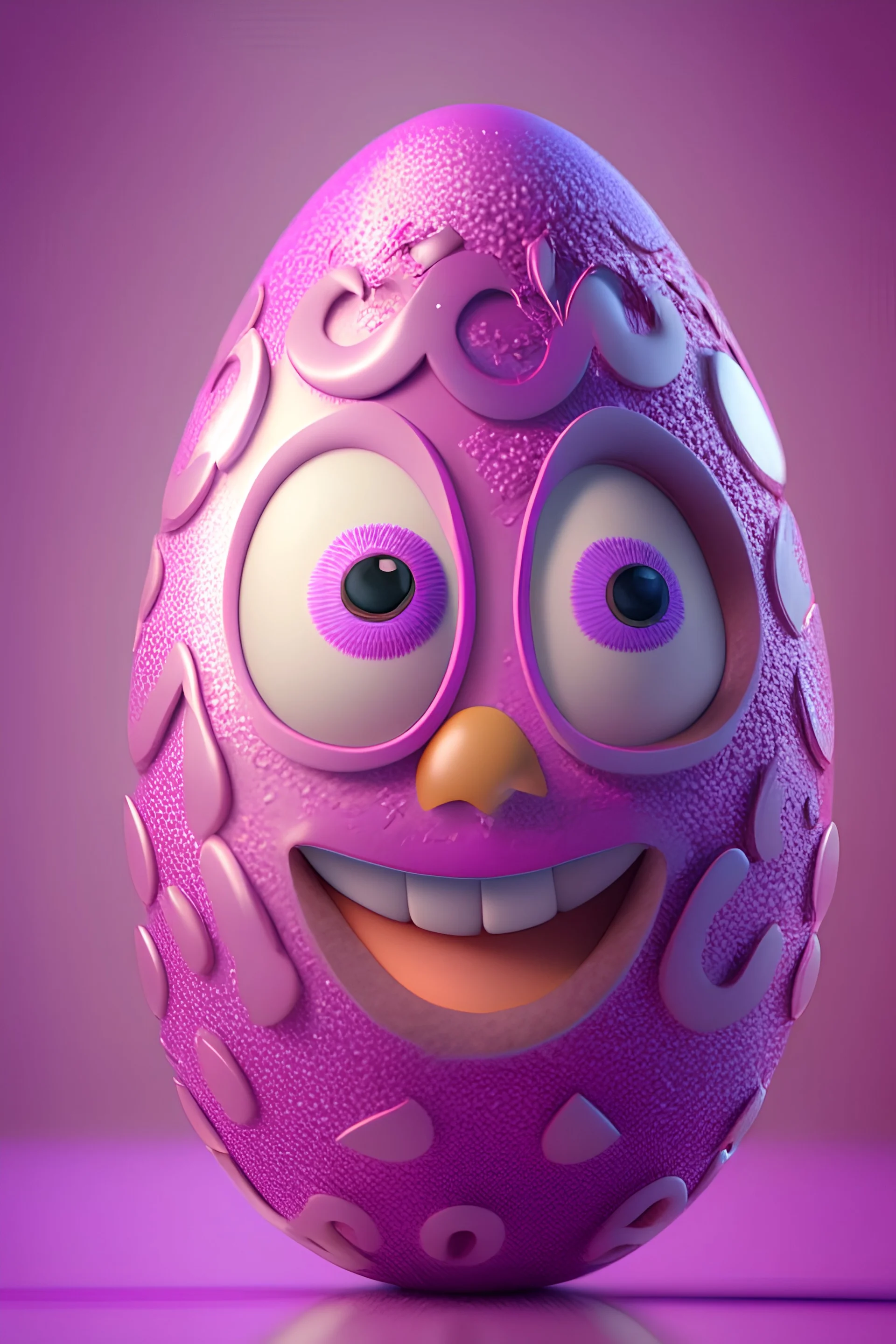 3d egg character, cute happy pixar face, pink and purple color scheme, intricate details, 8k,sharp focus,hyper realistic, sony 50mm 1.4