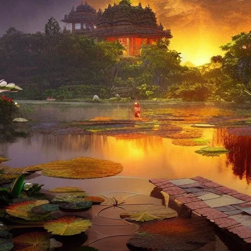 highly detailed indian lake with temple and lotus landscape with jungle, sunset, illustration, cinematic lighting, 4k, 8k, octane render, digital concept art, trending on artstation, pinterest, extremely detailed, ambient lighting.