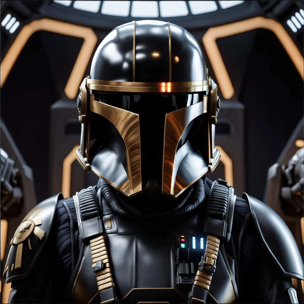 star wars bald male corellian pilot wearing dark gunmetal grey and black First Order special forces TIE pilot armored flightsuit and helmet with gold trim inside the jedi temple, centered head and shoulders portrait, hyperdetailed, dynamic lighting, hyperdetailed background, 8k resolution, volumetric lighting, light skin, fully symmetric details