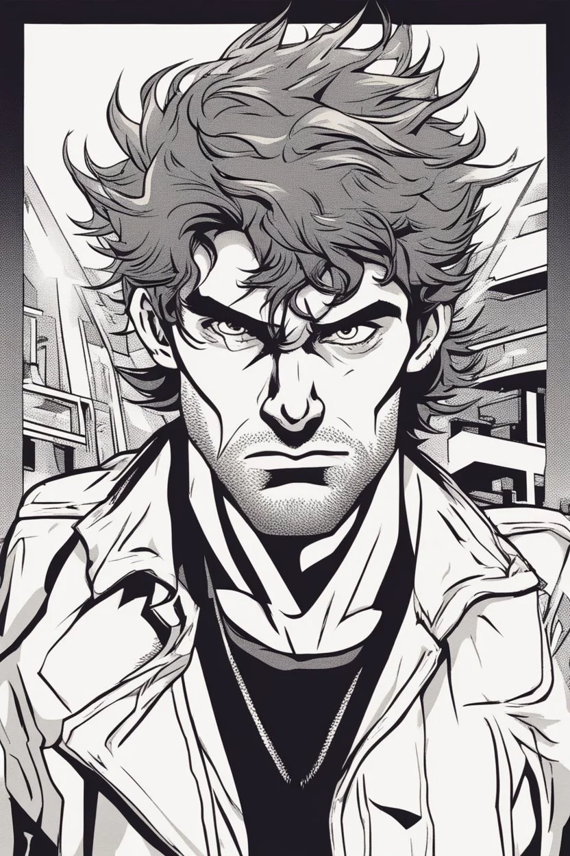 deranged young man with scruffy hair, stubble and a judgmental look on his face comic book style