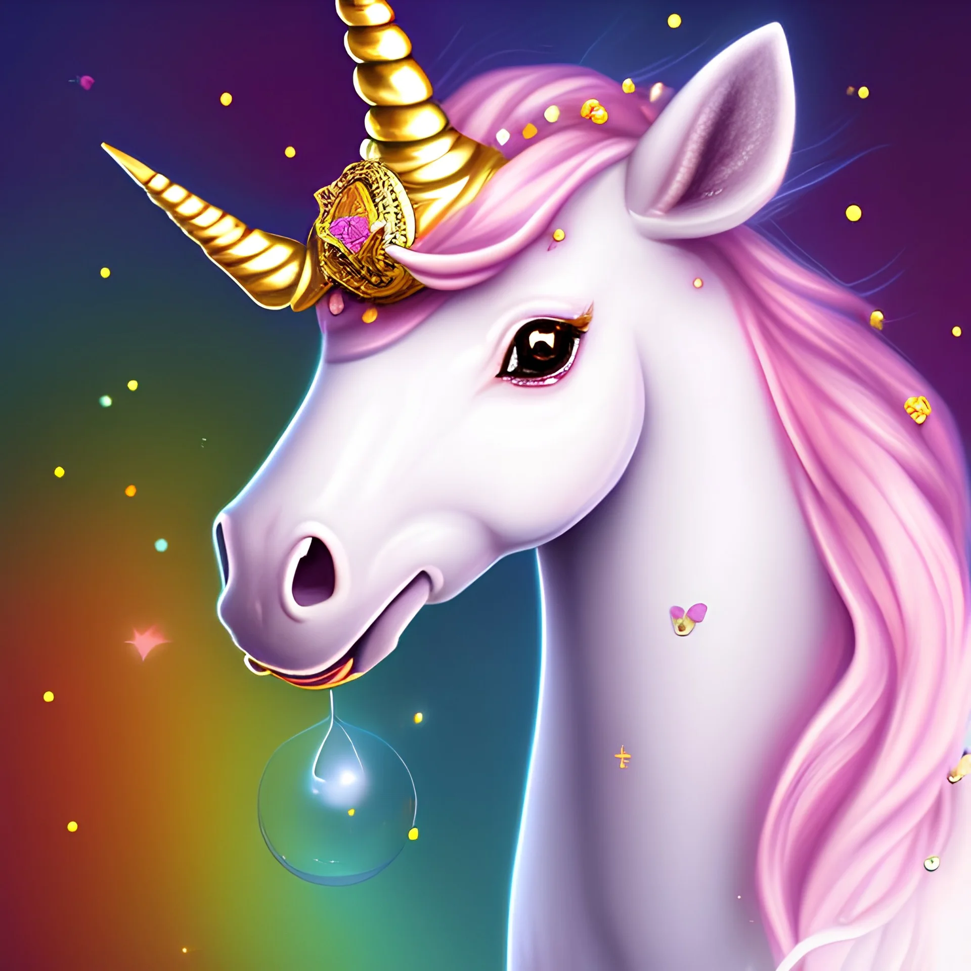 a chocolate unicorn with rainbow horn with sparkles with a bell on his neck, really cute, detailed, close-up, RTX,