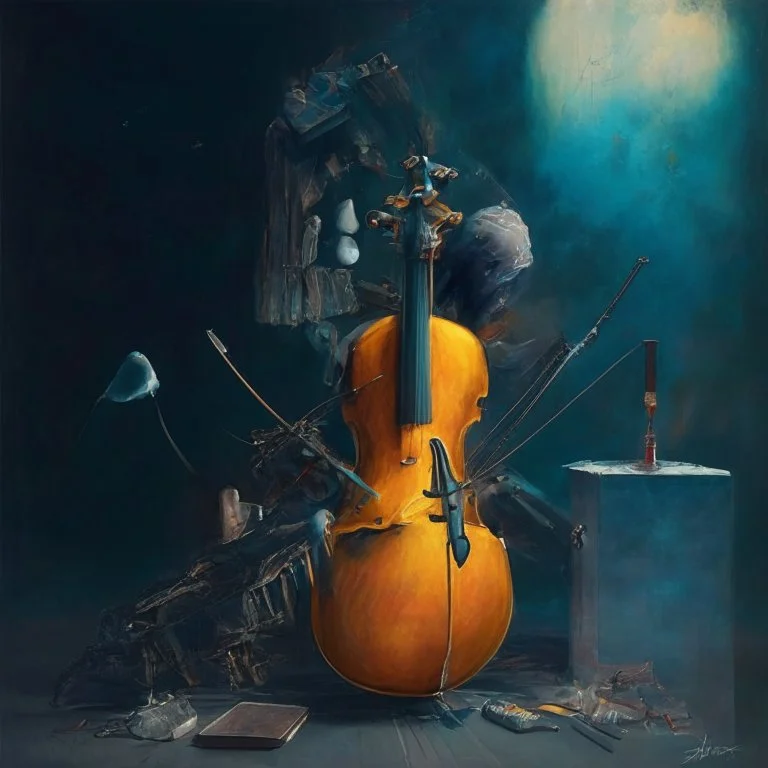 Abstract painting formed by a mix of human flesh-like surgical instruments and universe-like musical instruments,neuralink,minimalism,Painting By Adrian Ghenie, Rene Magritte, Salvador Dali, Lucian Freud