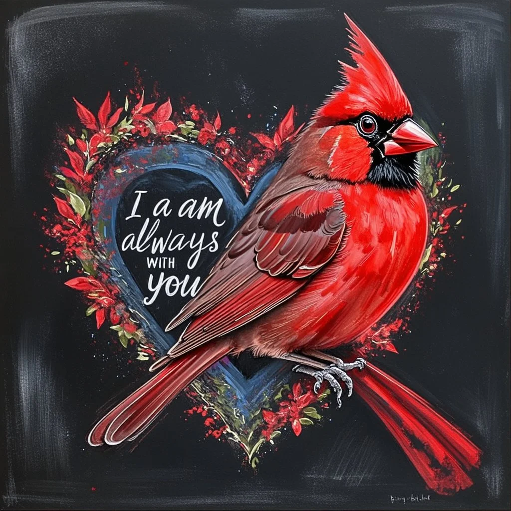 Bing: a vibrant digital chalk sketch painting featuring a double exposure image of a beautiful majestic red cardinal, ultra-detailed, within the body of the cardinal is a heart with the words "I AM ALWAYS WITH YOU" in a beautiful script