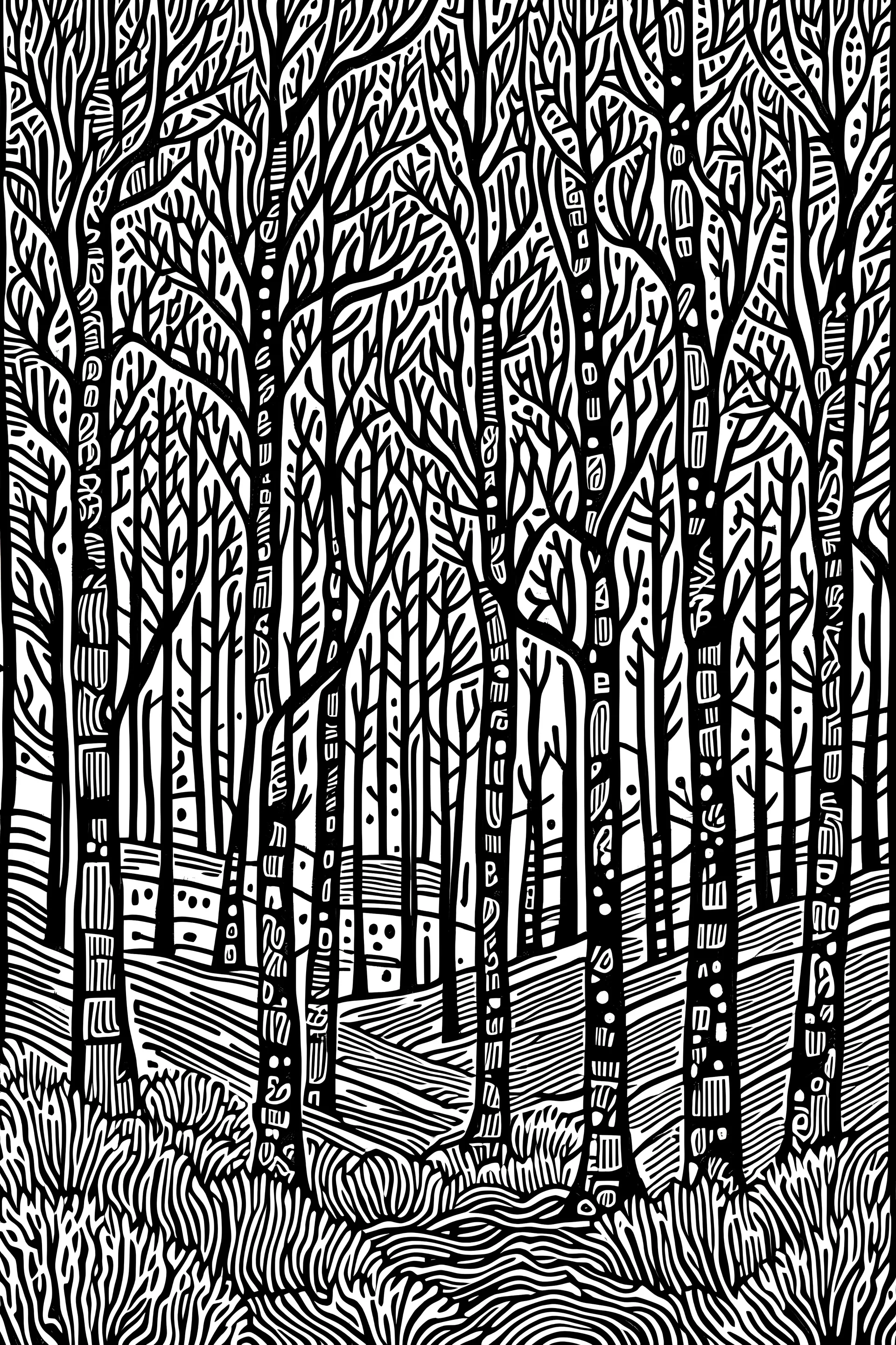Forest at night linocut, black and white, in the style of van gogh