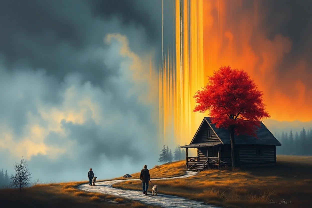 A cinematic atmospheric oil painting landscape dramatically split between cool misty blue-gray tones on the left and warm golden-orange sunset hues on the right. A vibrant red tree blazes like flames against the dramatic sky on the right side. Cascading vertical color streaks create a surreal waterfall effect throughout the composition. Two human figures a man and a woman and a dog walk intimately side-by-side along a winding path in the foreground. A rustic wooden cabin sits