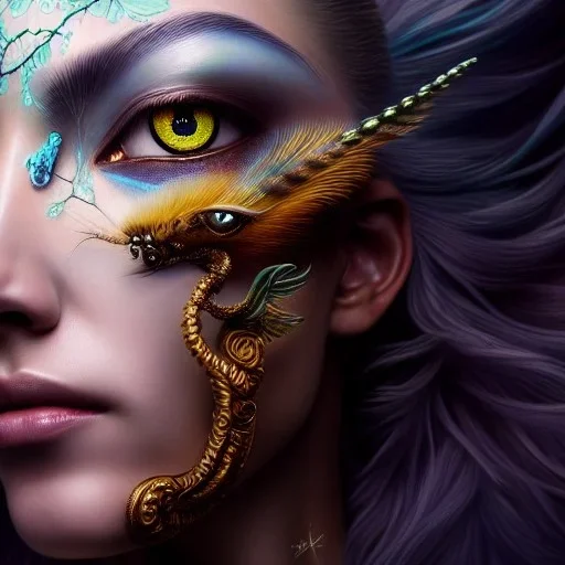 Insanely detailed photograph of an elaborate beautiful hawk goddess intricate glowing skin eyes intricate face hair lashes fur dress hyperdetailed painting by Anna Dittmann Huang Guangjian and Dan Witz CGSociety ZBrush Central fantasy art album cover art 4K 64 megapixels 8K resolution HDR Greek shiny space colours jewelry celestial hair eyes light"