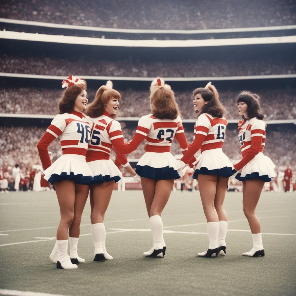[vintage style scratches glitches] 1970s Cheerleaders in the stadium