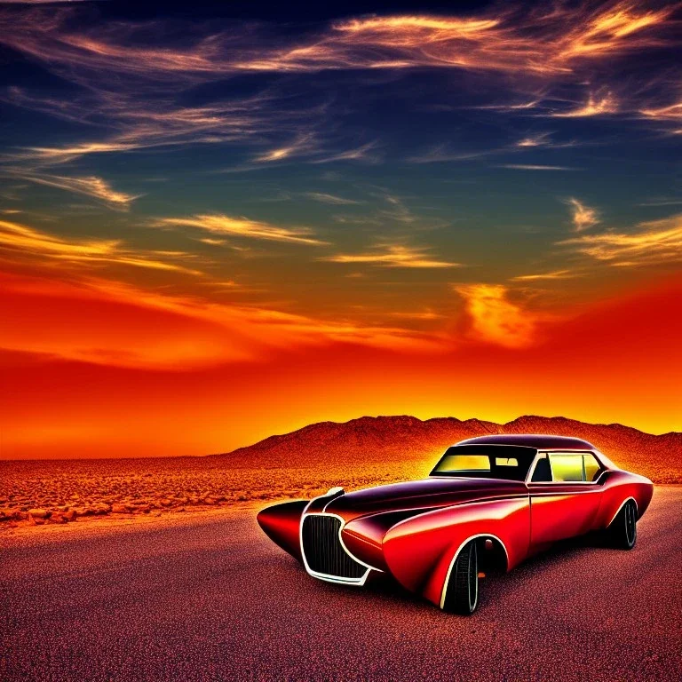 art deco, muscle car, desert road, sunset, full colour, hd,