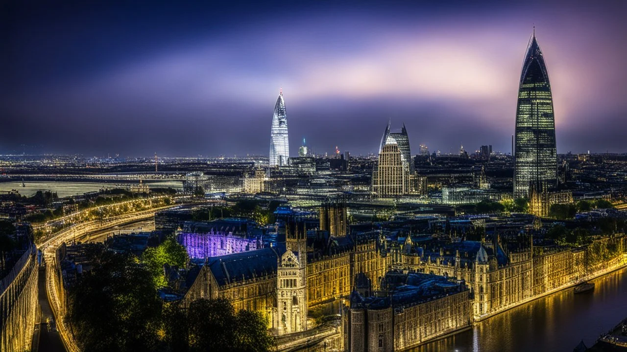 2159. The River Thames in London in a parallel universe, gherkin, shard, tower of London, fantasy, magic, beautiful lighting, attractive composition, photorealistic, extremely detailed, chiaroscuro