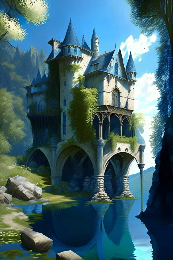 medieval gothic house built into a rock, lake, trees, arches, balconies, bridges, verandas, foliage, sunny blue sky