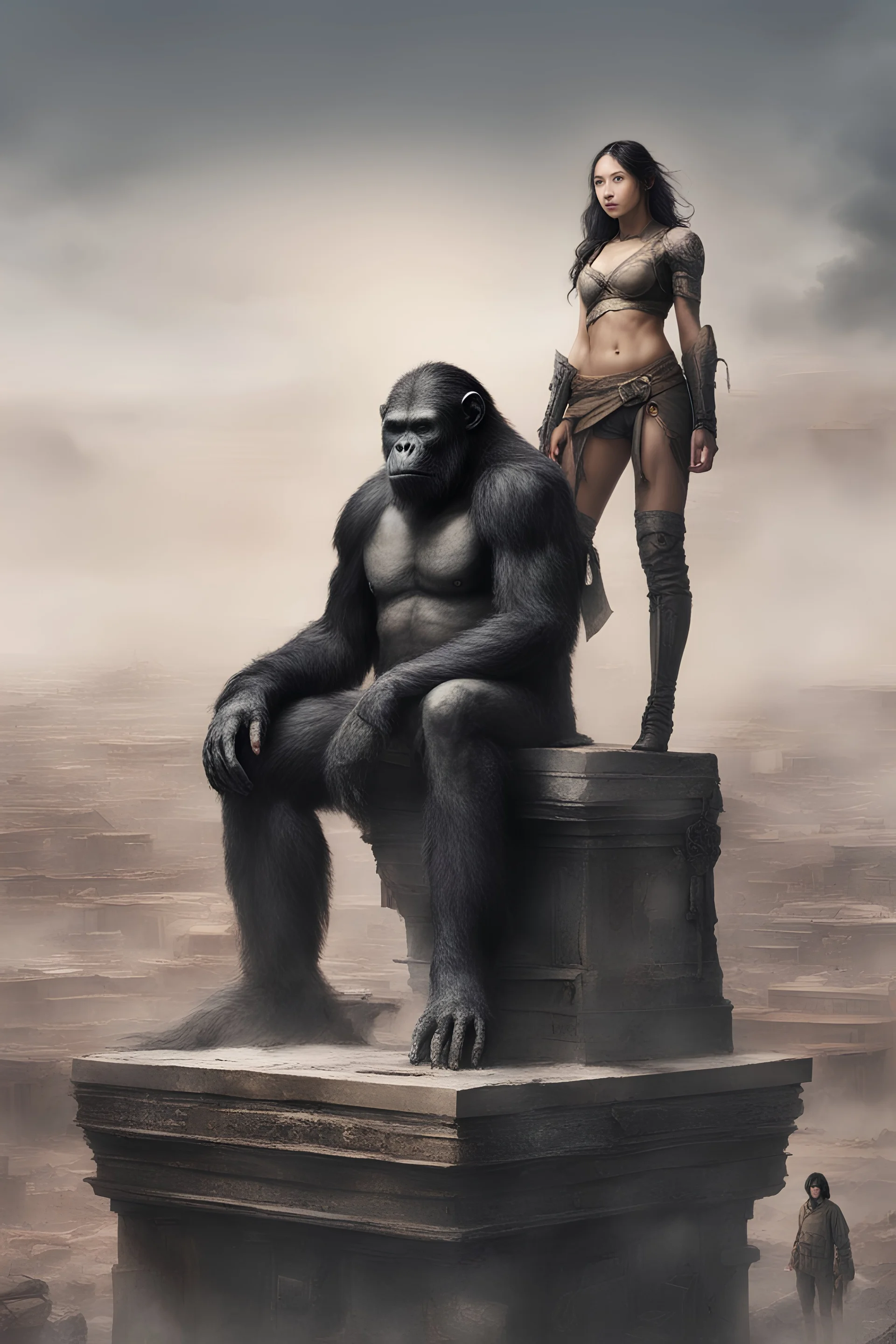 Aji Danajiu black hair, wearing superhuman clothes, standing on top of a pedestal in a post-apocalyptic wasteland next to Caeser, the king of the apes