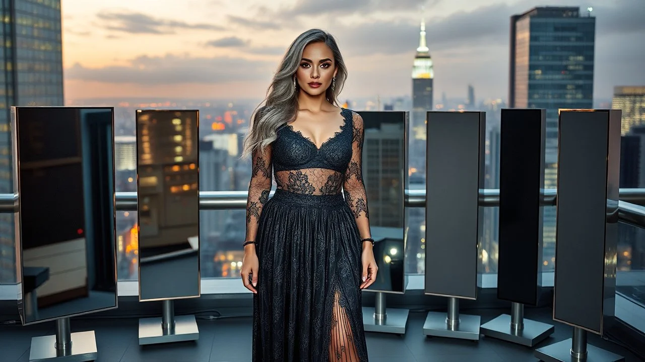 very beautiful model lady with makeup and beautiful modern fashion midi pleated velvet dark silver lace skirt with lace edges and modern loose lace top with a loose over, curvy silver long hair, standing in a modern city open satge with 8 cubic mirrors(each with 4 equal hight and equal width, vertical mirror), each vertical on its own short rotating base. with some small lights on crystal frames, on roof of a skyscraper with city escape at background, with animating dynamic lights with high