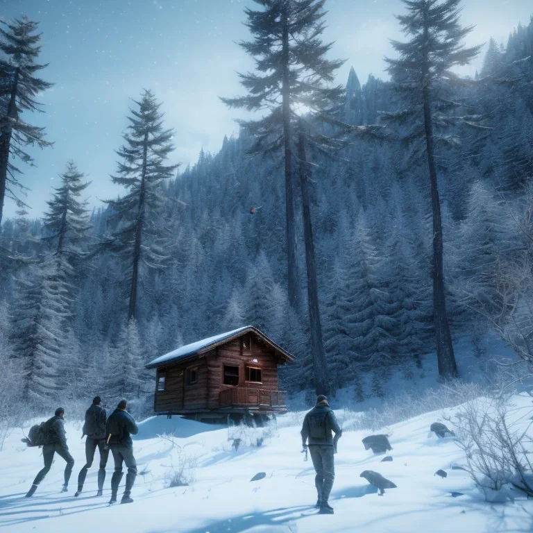 Five people hunting in a snowy forest, Alps, sense of horror, hut in the background 8k, HD, cinematography, photorealistic, Cinematic, Color Grading, Ultra-Wide Angle, Depth of Field, hyper-detailed, beautifully color-coded, insane details, intricate details, beautifully color graded, Cinematic, Color Grading, Editorial Photography, Depth of Field, DOF, Tilt Blur, White Balance, 32k, Super-Resolution, Megapixel, ProPhoto RGB, VR, Halfrear Lighting, Backlight, Natural Lighting, Incandesce