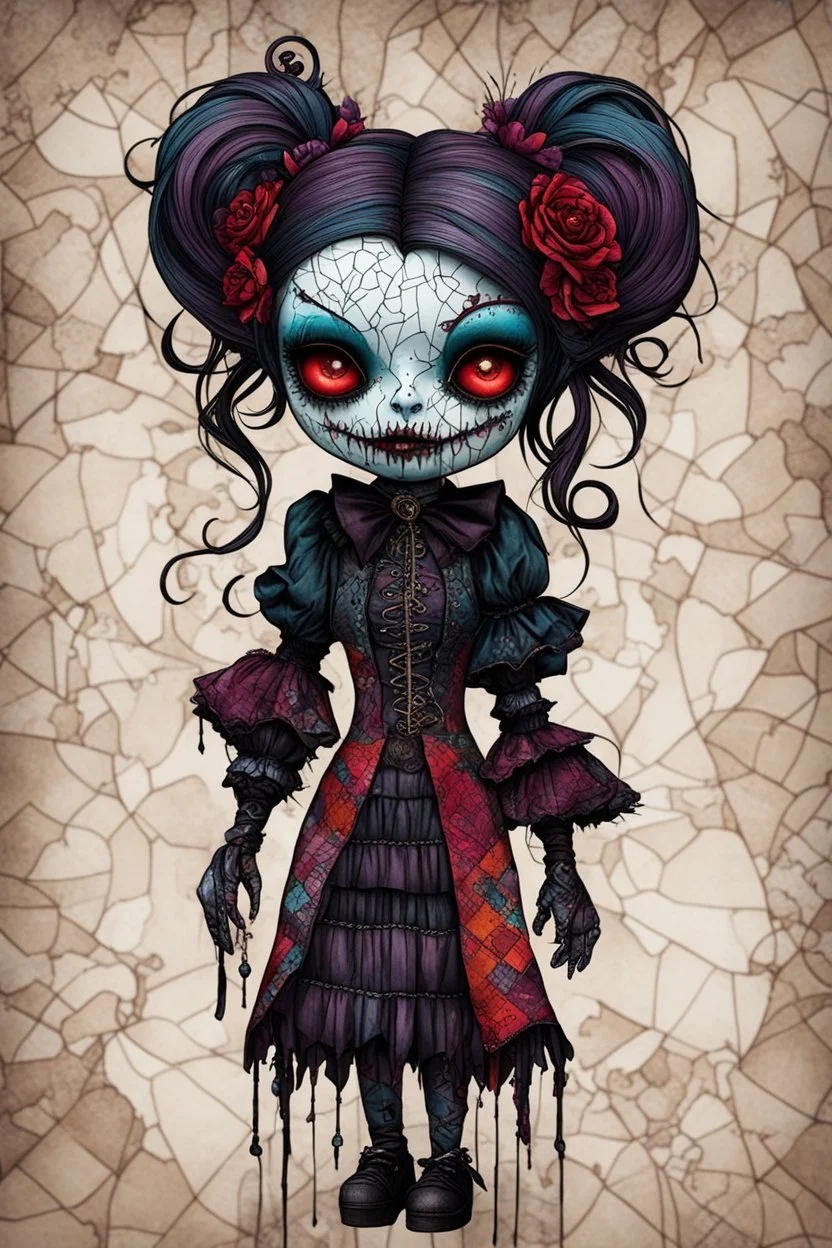 full color, full body illustration of a dark menacing Victorian goth vampire girl as a crude homemade patchwork cloth doll toy, with contrast stitching across her patchwork face, art in the style of Alex Pardee, , 8k , finely detailed and precise line work,