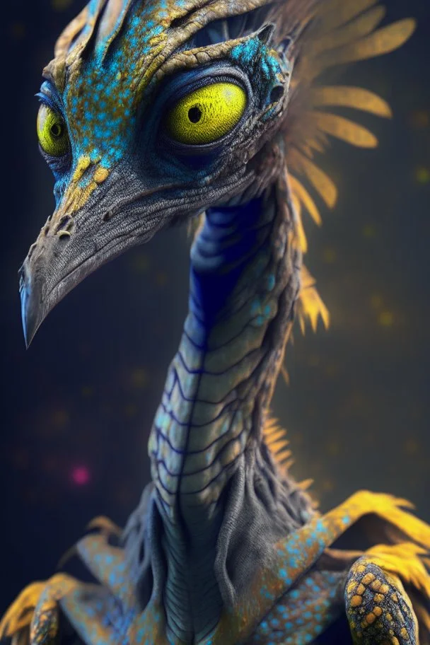 Bird giraffe lizard humanoid alien fused ,realistic, intriacte detail, sci-fi fantasy style, volumetric lighting, particales,highly detailed,cinamatic, deep colours