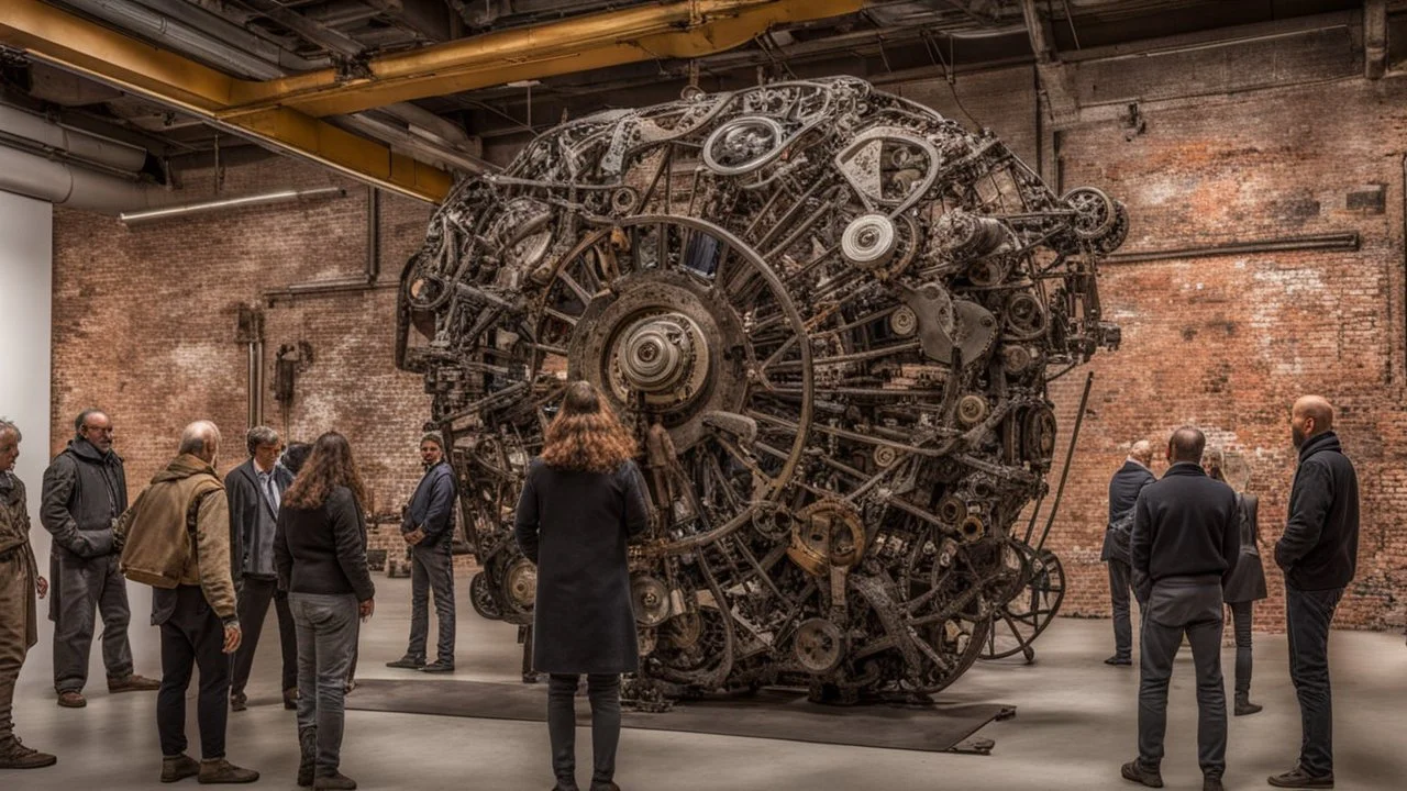 In the industrial setting a gallery opening with visitors in big old tall factory, in the front stands an human-machine big metal sculpture from handmade recycled objects, industrial art, devian art, metal textures, in background on the bricks walls pictures from steampunk things and abstract paintings, visitors watching pictures and sculpture, sharp focus, high detailed, beautifully shot, hyperrealistic, perfect composition