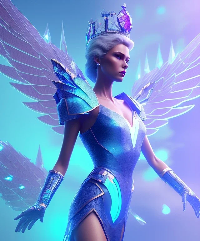 A crystalised queen, atmospheric, realistic, unreal engine, cinematic lighting, octane render. blue, pink, transparency, light, shine,bright, full body, transparent wings, blonde, long hair, nice smile