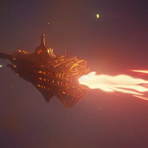 huge ornate spaceship made of brass flying through space, on fire, emitting smoke