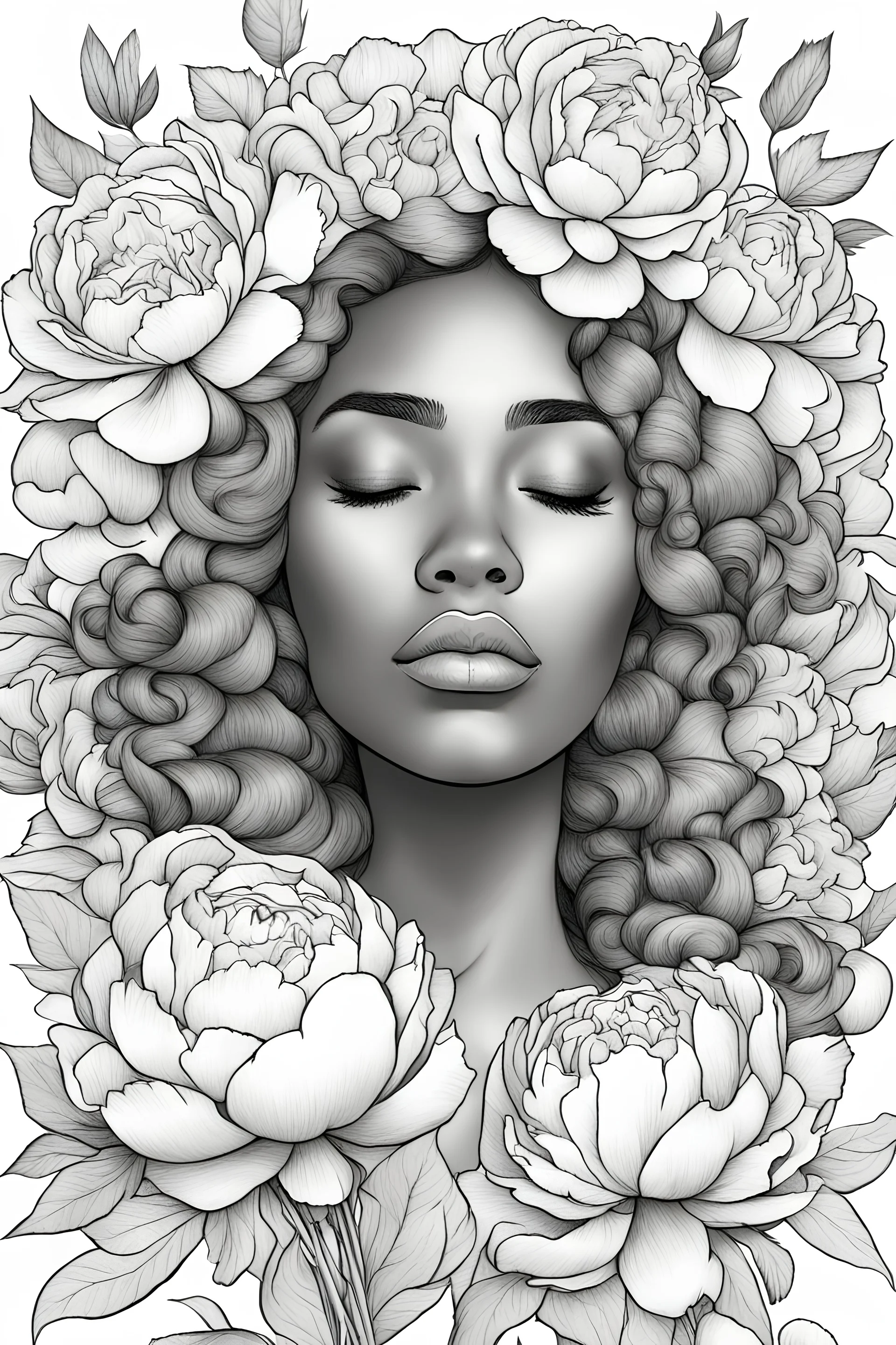 young Black woman, coloring page of big beautiful bouquet of peonies all around her face, her eyes are closed and dreaming peacefully, only her face shows, her face fully covered by the bouquet of peonies, use black outline with a white background, clear outline, no shadows