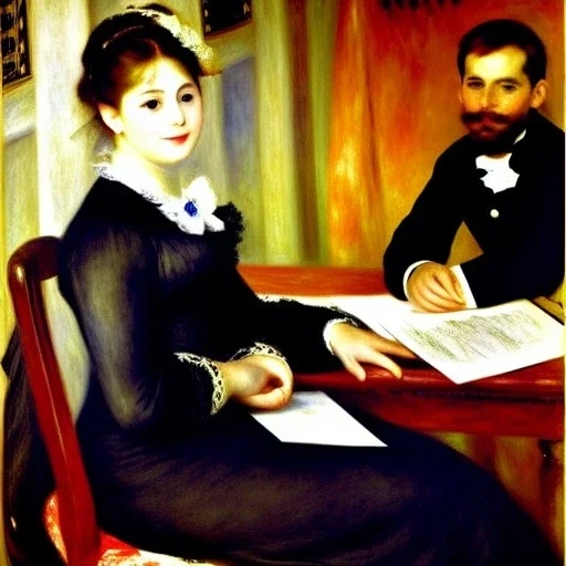 portrait of a female teacher in class,by Pierre-Auguste Renoir, no frame, no signature,cinematic composition, extreme detail,fit full body inside picture,8k