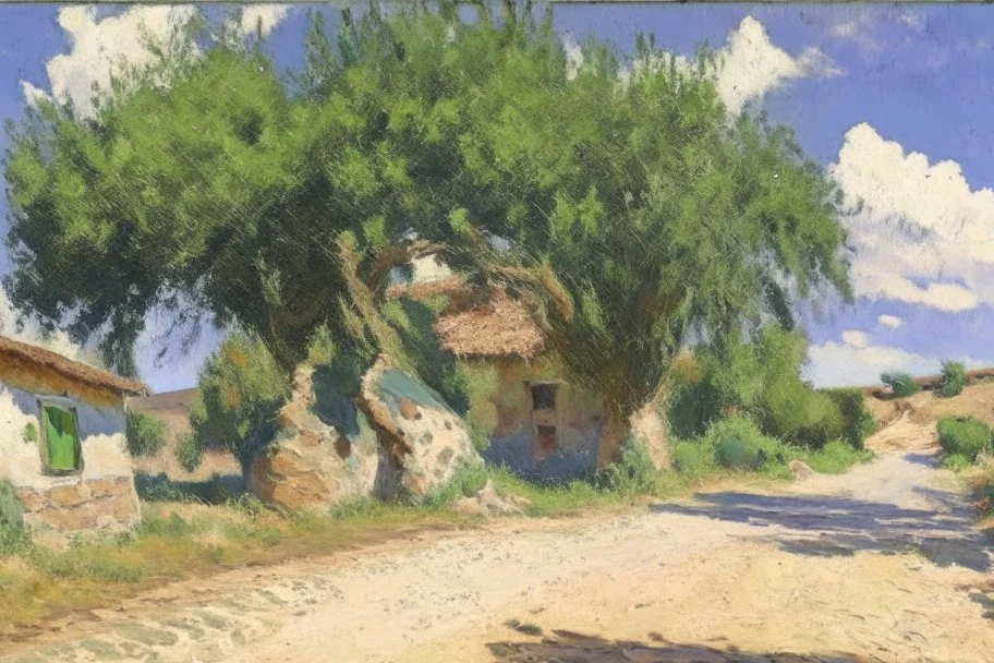 sunny day, clouds, rocks, trees, mountains, countryside, dirt road, adobe old house, gustave caillebotte and pieter franciscus dierckx impressionism paintings