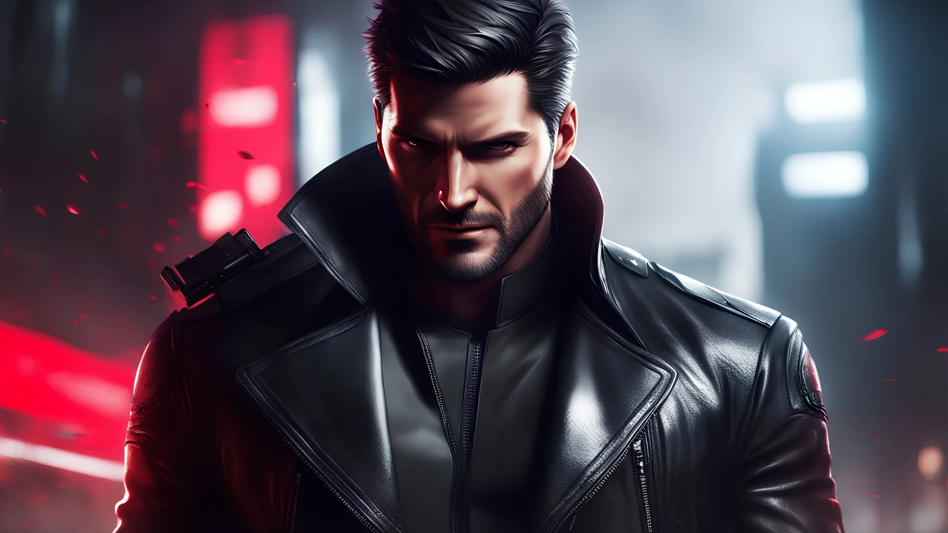 a man in a leather jacket holding a gun, iconic character splash art, high detail iconic character, portrait of adam jensen, wallpaper 4 k, wallpaper 4k, crimson themed, background artwork, artstation masterpiece, hd wallpaper, guillem h. pongiluppi, fantasy art smug smile man, hq 4k wallpaper, concept art like ernest khalimov