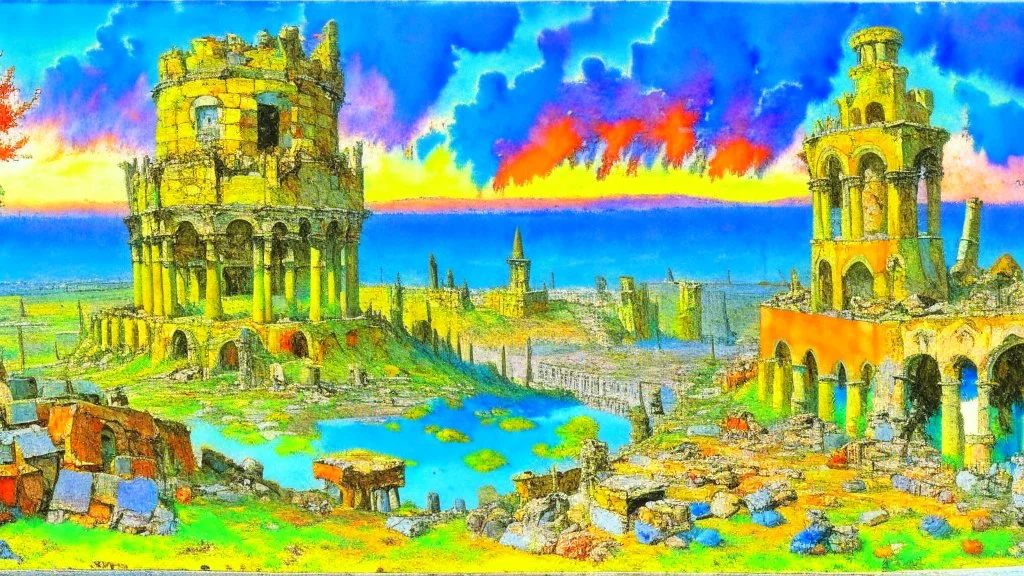 Destroyed City, medieval ruins, debris, stone, breched, brocken, Perspektiv from the sky, by Jean-Baptiste Monge, Ivan Bilibin, Albert Bierstadt, Reza Badrossama, watercolor, intricate details, fantasy, beautiful, oil on canvas, award winning, imperial colours, fantastic view, radient colours, very attractive, crisp quality