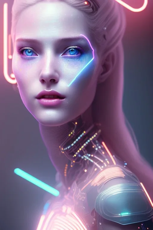 cyberpunk, head, women, portrai, tron sketch of a girl on lined paperA beautiful one nude body of a make up smiling woman blond long hair, alone, high key lighting, volumetric light high details with white stripes and blue eye, smiling with plump pink lips, flowers around, unreal engine petit prince belle fine, profil de trois quart, grand front cosmique, peau bleu cristalline, yeux bleu, perle sur le front long cheveux blond et rose etoilé, cristaux sur le corps, collier de grande princesse, l