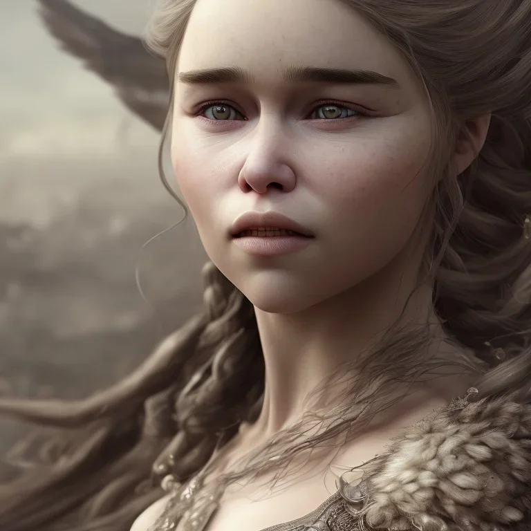 only perfect face detailed and realist emilia clarke face, wearing dragon armor. fly hair, village, highly realistic, highly detailed, mist around, smoke, particles, fog and fire