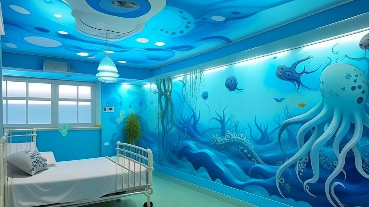 A blue underwater squid themed hospital painted by Cai Jia
