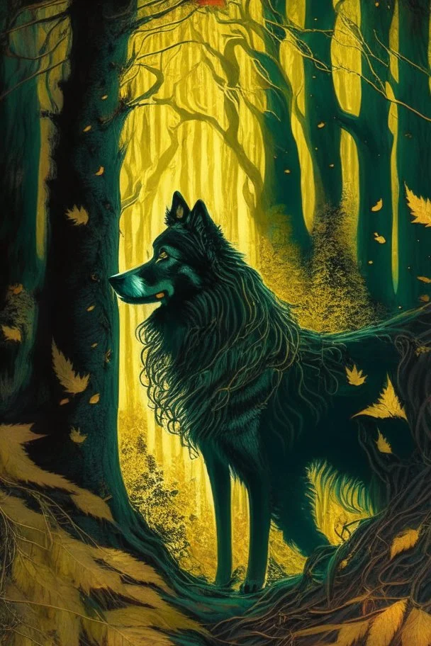 In the heart of a dense and enigmatic forest with towering ancient trees cloaked in emerald, yellow and amber foliage stood a witch possessing an ethereal allure her lustrous hair cascading in ebony waves down to her slender waist In the background a majestic canine of Belgian shepherd lineage roamed its eyes illuminated by an otherworldly crimson