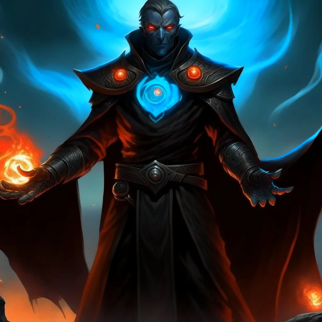 A commander in matte black robes with flaming eyes with Evil smile with flaming light blue pupils stands atop a squire Two infinity gauntlets contain six infinity stones, one of which is made with nano In the hands of a powerful man walking While standing on a majestic height from afar