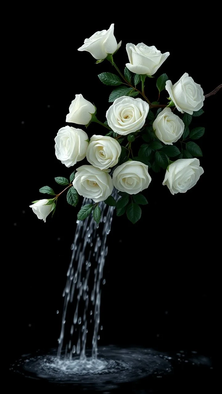 The image is a digital artwork that depicts a bouquet of white rose of the small water fall creating a wave-like effect. The background is black, which makes a branch of a tree of white roses stand out even more. Water droplets are scattered adding to the dreamy, ethereal quality of the image. The a