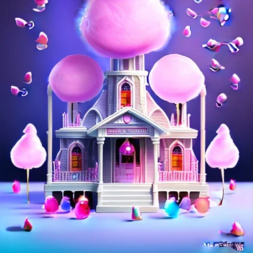 haunted cotton candy house with lollipops. cake monsters