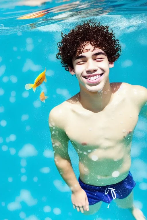 Photograph of a happy young teen male floating in water, relaxing, eyes closed, dark curly hair, full lips, aesthetic physique, cute face, shirtless torso, pale skin tone, flawless skin, smooth skin, thick curly hair, koi fish in water, full body, low camera angle, red swimming trunks, calm clear water, dreamy atmosphere, high resolution, vivid colours