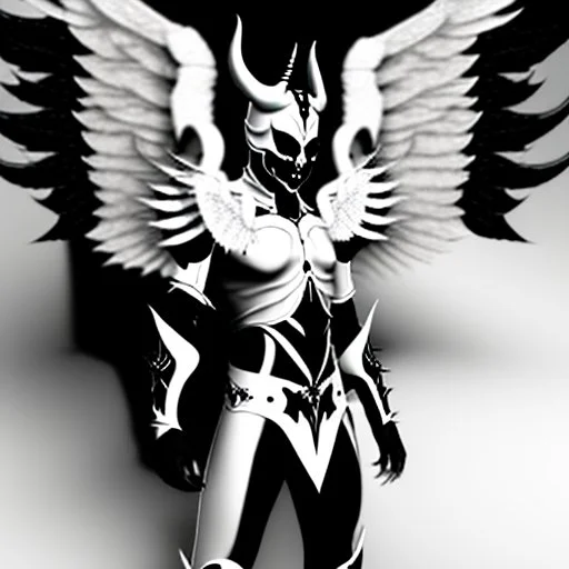 angel, demon, angel demon hybrid, half angel, half demon, black angel wings, white demon wings, black and white, balance, horns, armor, noble clothes, black and white armor, black and white clothes