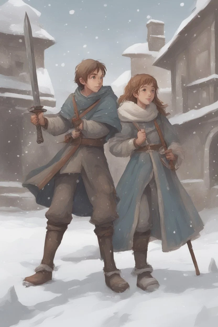 DnD style, two medieval peasant kids playing in the snow male and female, age 14 and 15, happy and playful, he has a short sword