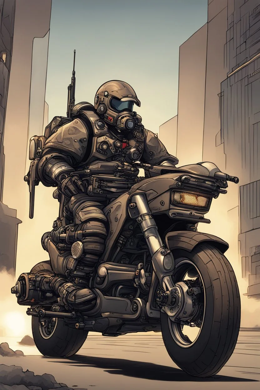 An advanced motorcycle with four wheels and a turbo jet in the back with rockets and machine guns