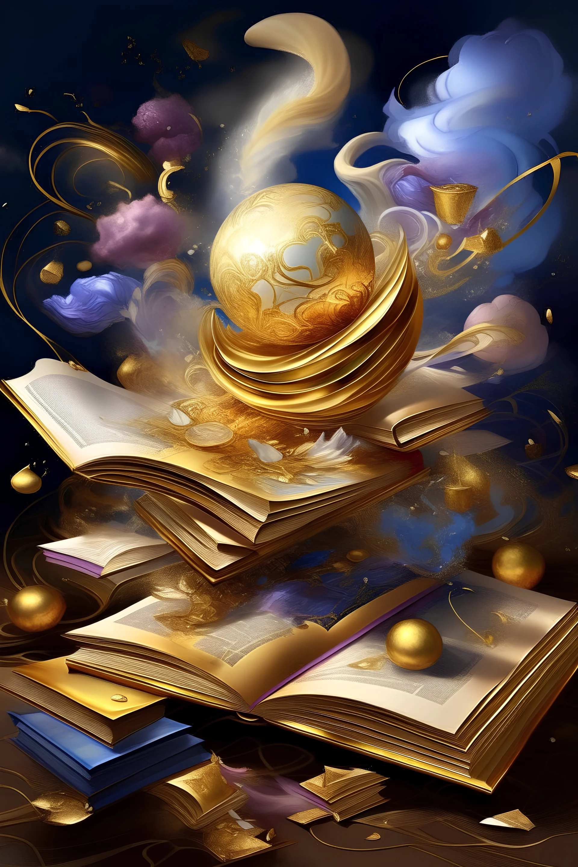 (RIA) " in metallic gold with whimsical splashes, puffs of smoke, and swirls of garnet, gold, cream, and powder blue hints of purple 3d digital art, the image is encircled by books, pens, and journals being thrown in the air.