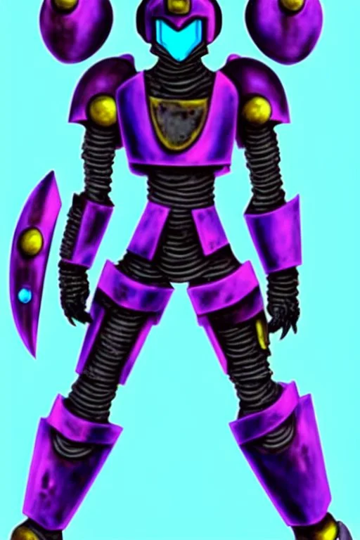 One Genderless Cyborg made of old rusted metal, has a human like face with a really long violet ponytail, they wear armor that is similar to Megaman. The color palatte of the armour is deep purple and yellow. They have Turquoise colured eyes. The Background is dark grey.