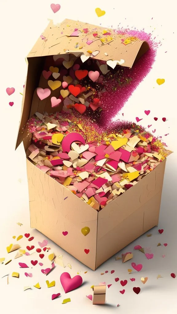 Open box stuffed with love letters, hearts, heart confetti, love explosion, art, drawing, very realistic, detailed, vibrant colors.