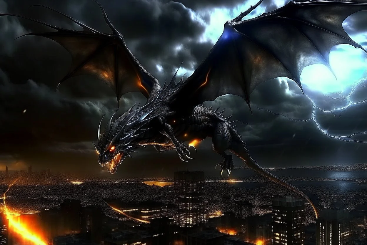 black dragon flying across the city at night dark fantasy lightening legs outstretched