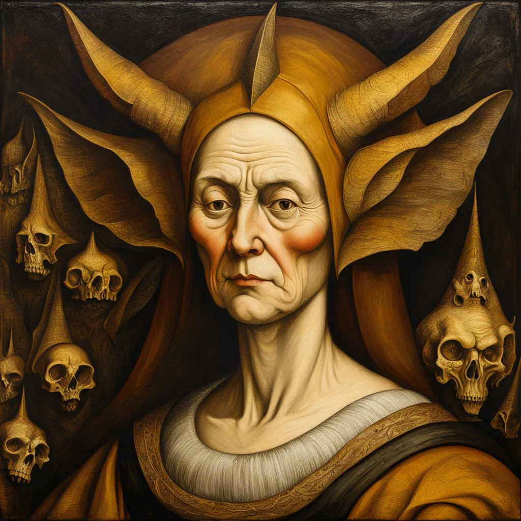 a Dutch Renaissance era oil painting of a malevolent and aged sorceress , highly detailed facial features, in the style of Pieter Brueghel the Elder and Hieronymus Bosch, aged canvas, craquelure finish, archaic masterpiece, 4k