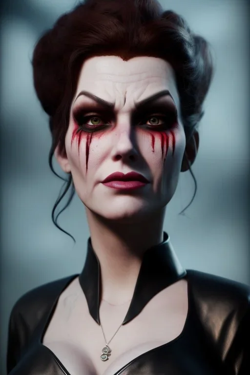 Amy Dumas as evil queen in black leather, leather, busty, cleavage, angry, rage, stern look. character design by cory loftis, fenghua zhong, ryohei hase, ismail inceoglu and ruan jia. unreal engine 5, artistic lighting, highly detailed, photorealistic, fantasy