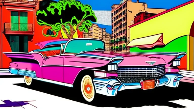 a greengrocer in colorful palma de mallorca street, stalking a cadillac eldorado 1959 flammable,pop art, Andy Warhol.Roy Lichtenstein.