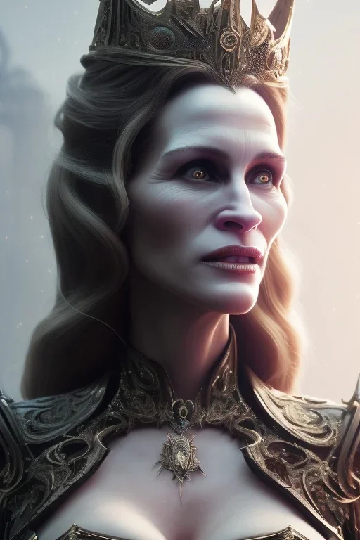 Julia Roberts as evil queen in black leather gown, evil, busty, cleavage, curvy, angry, stern look. character design by cory loftis, fenghua zhong, ryohei hase, ismail inceoglu and ruan jia. unreal engine 5, artistic lighting, highly detailed, photorealistic, fantasy